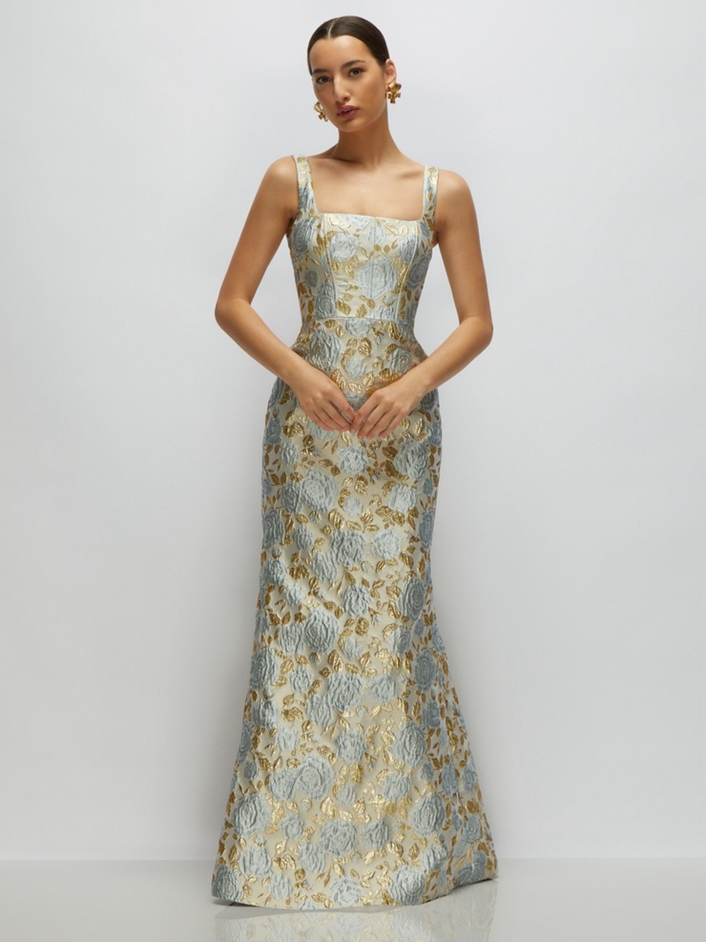 NEW Dessy collection Metallic Floral Brocade Trumpet Gown Winter Mist Size 12 R